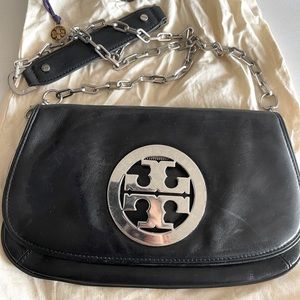 Tory Burch Flap Bag Black Leather and Silver Metal